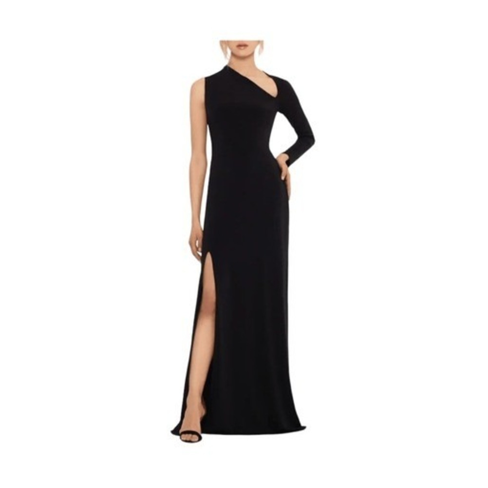 Betsy & Adam Asymmetric One Shoulder Evening Gown Black Crepe Maxi Dress 12